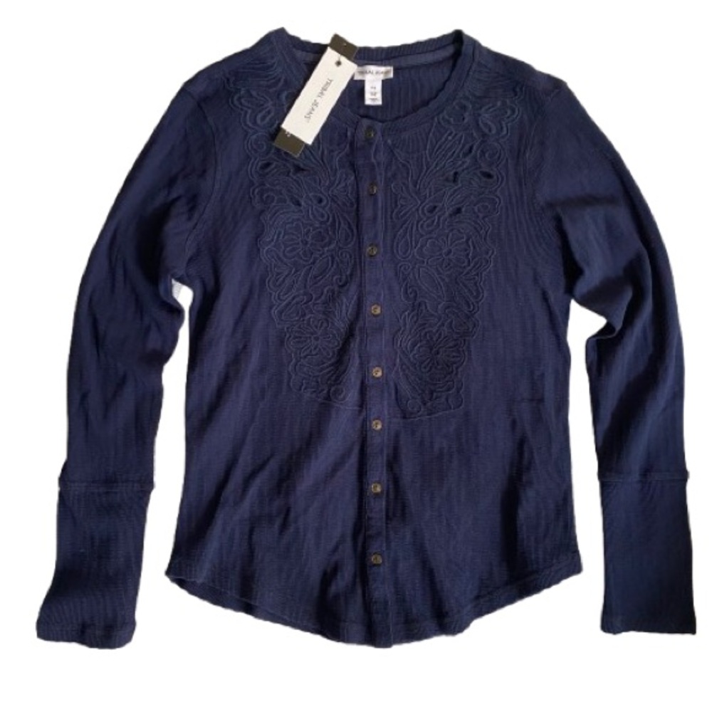 Tribal Jeans Women's Navy Button-Up Top Size S Petite embroidered cutout detail